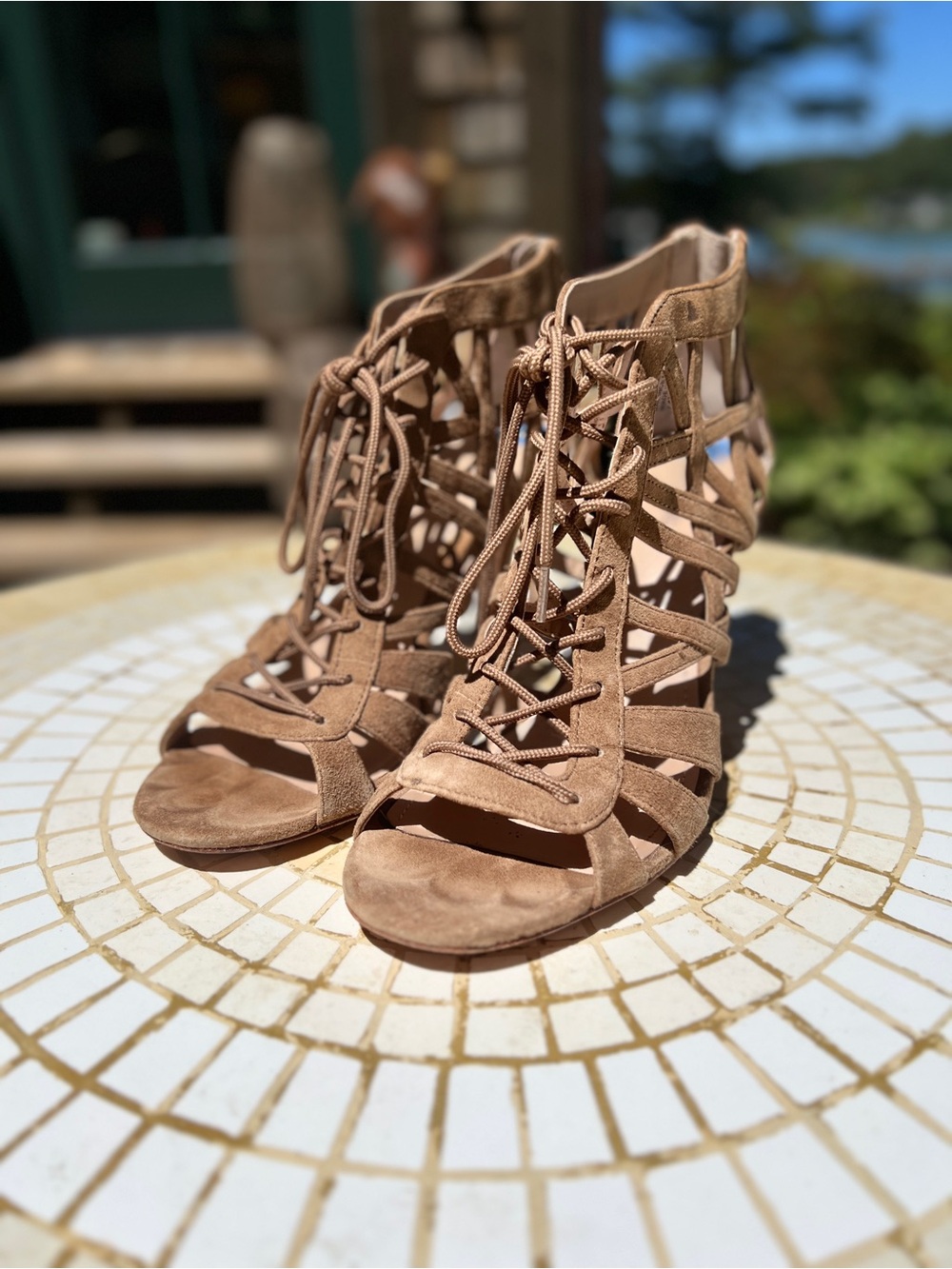 Pour La Victoire Taupe Lace-Up Strappy High Heel Sandals